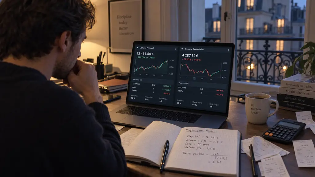 Trader du soir comparant deux dashboards de comptes et un calcul de risque par trade manuscrit près d'un portable