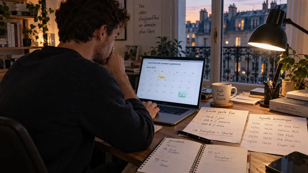 Trader du soir consultant un calendrier de premier payout, des notes de limite de perte fixe et un agenda économique