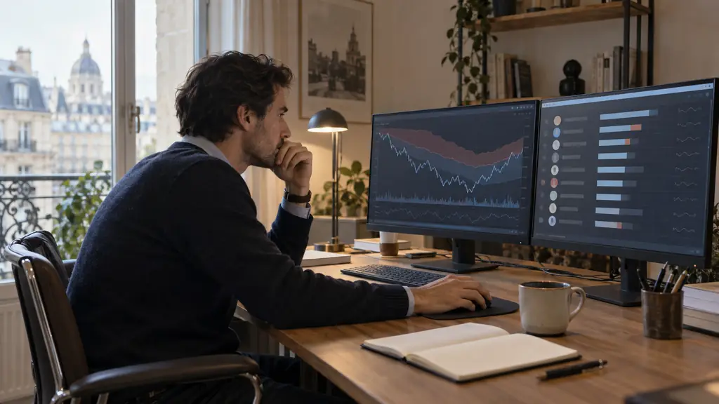 Trader examinant un dashboard d'évaluation Forex simulé avec courbe de drawdown et classement sur deux écrans