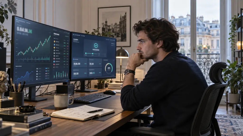 Trader comparant un solde simulé, un classement de compétition et une activation de compte d'évaluation sur deux écrans