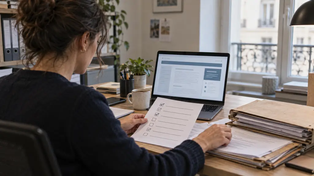 Analyste comparant une page de règles officielle sur portable, une checklist papier à sept lignes et des dossiers de plaintes