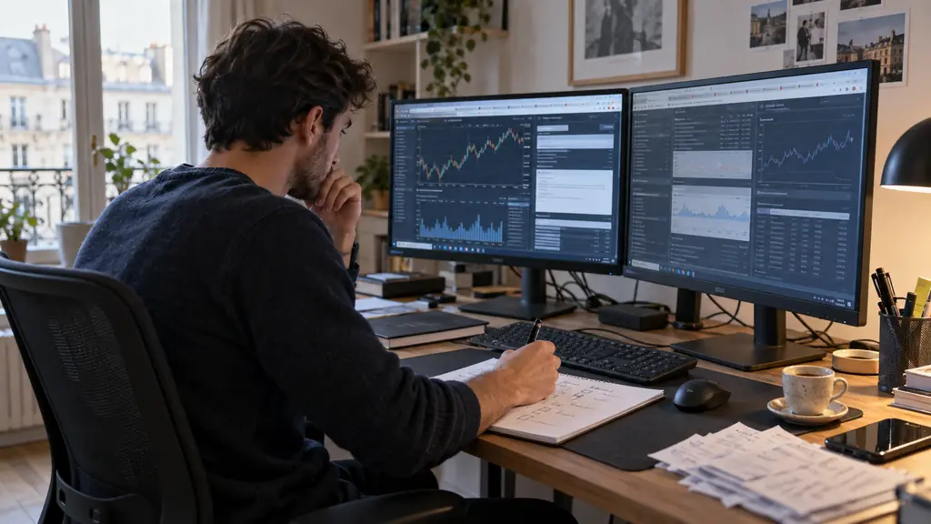 Trader vérifiant les règles de challenge dans plusieurs onglets, dates de payout marquées sur une checklist papier