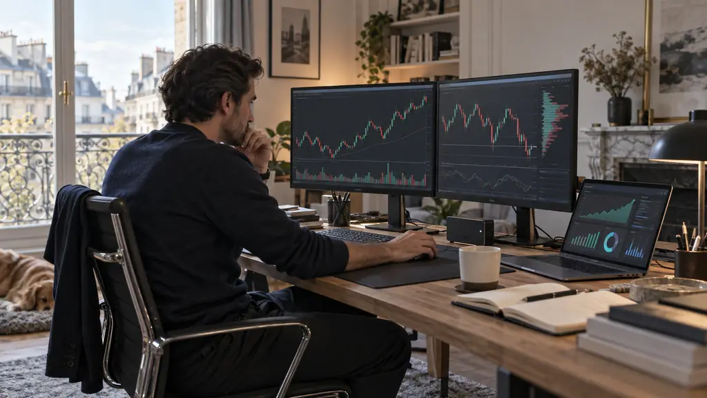 Trader suivant des chandeliers sur deux écrans et le dashboard d'une prop firm sur portable, petit boîtier VPS au clavier