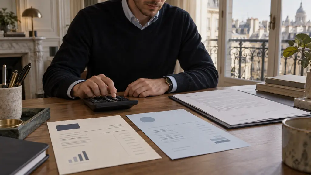 Trader avec une calculatrice près de deux factures, challenge de prop firm et gestion de compte, contrat de compte financé