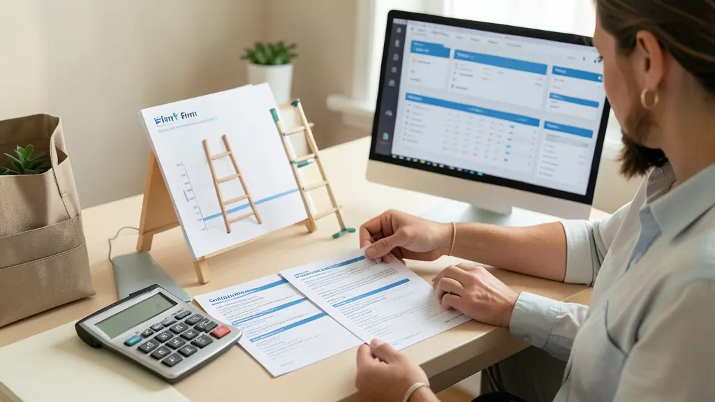 Trader comparant trois fiches de règles de prop firm, calculatrice près d'un schéma de paliers, dashboards de comptes