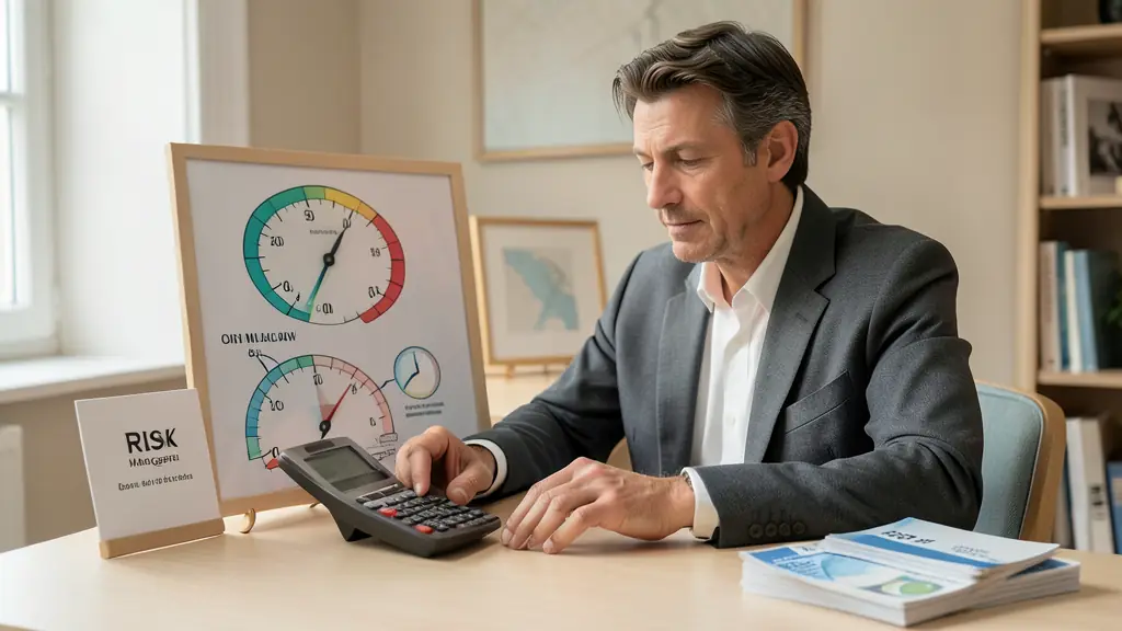 Gestionnaire de risque avec calculatrice près d'un schéma de compte d'un million de dollars, jauge de drawdown et reçus