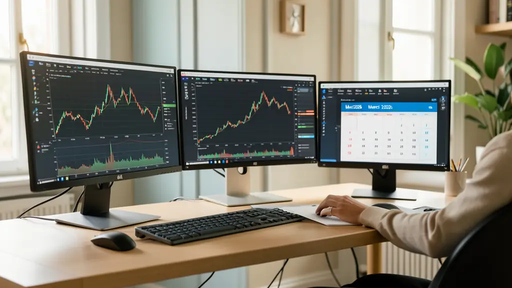 Poste de trading professionnel avec des graphiques de contrats à terme et un calendrier au 1er mars 2026