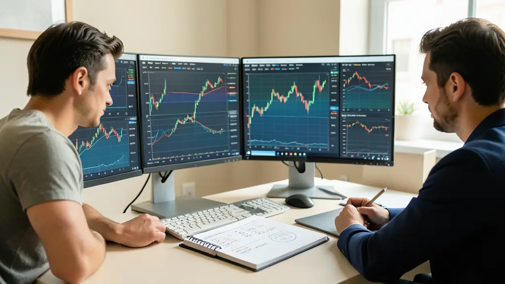 Poste de trading professionnel avec graphiques en chandeliers et carnet de gestion des risques