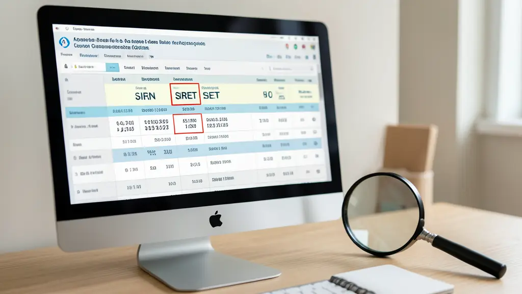 Écran d'ordinateur affichant un registre du commerce avec les numéros SIREN et SIRET mis en évidence