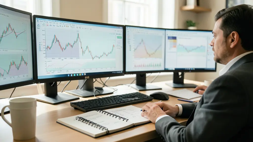 Bureau de trader professionnel avec graphiques financiers et notes sur la gestion des risques