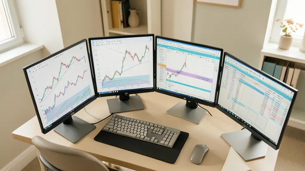 Poste de trading professionnel avec plusieurs écrans affichant des graphiques en chandeliers et des indicateurs de risque