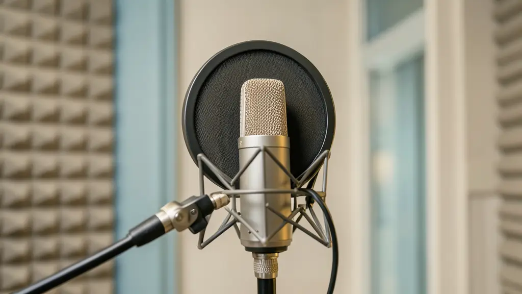 Microphone professionnel avec filtre anti-pop dans un studio d'enregistrement pour voix off