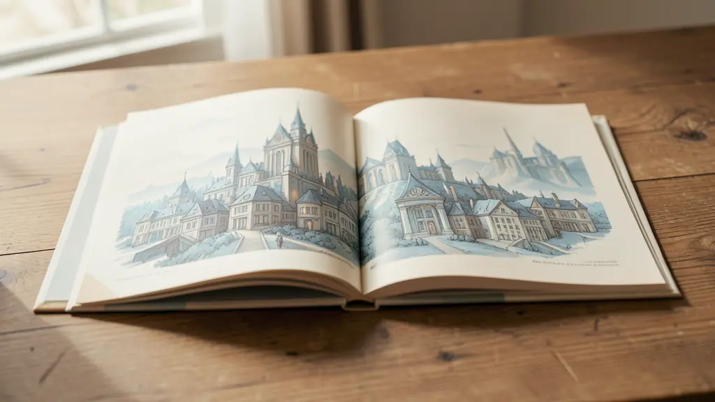 Concept art détaillé d'une cité fantastique baignée d'une lumière naturelle douce