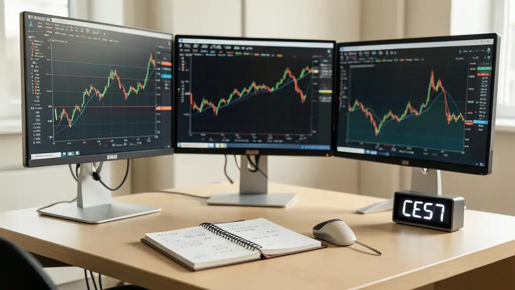 Bureau de trader professionnel avec plusieurs écrans affichant des graphiques boursiers et un carnet de calculs de risque