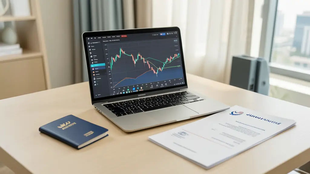 Bureau professionnel à Dubaï avec un ordinateur affichant des graphiques de trading, un passeport et des documents