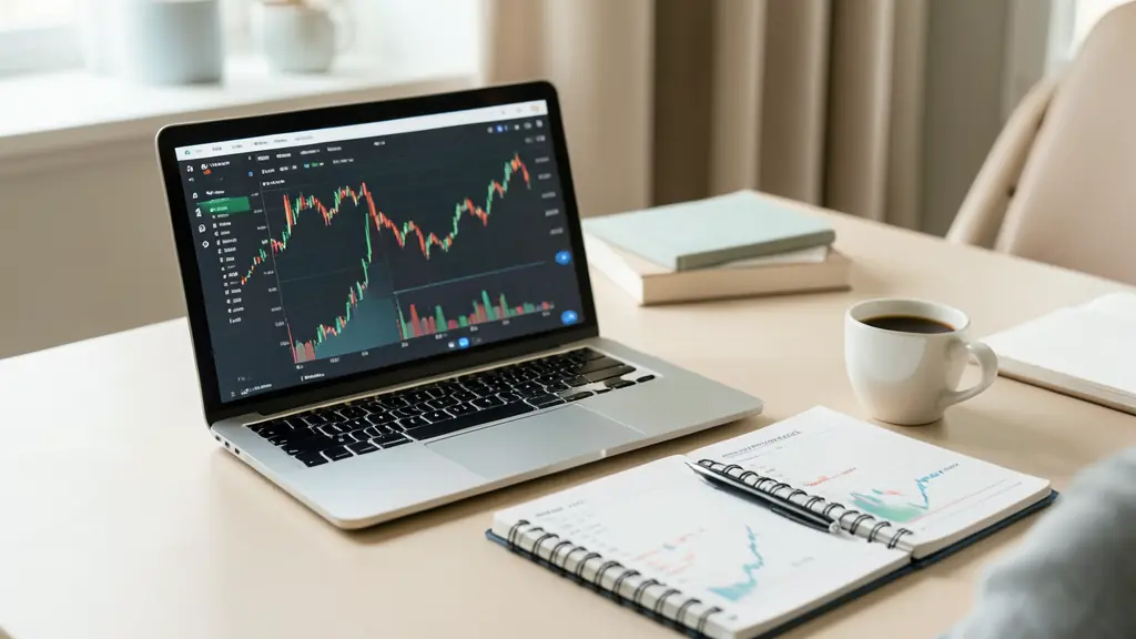 Espace de travail avec un ordinateur affichant un tableau de bord de trading et des calculs de risque sur un carnet
