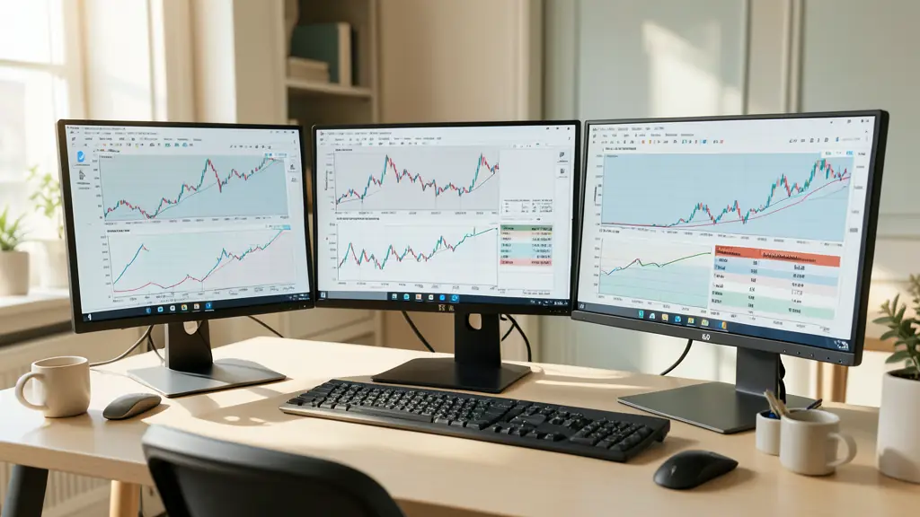 Bureau de trader avec plusieurs écrans de graphiques financiers et un tableau comparatif de programmes de financement
