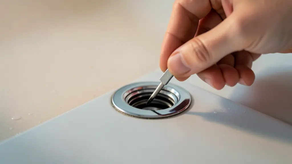 Main levée d'une grille de receveur de douche chromée à l'aide d'un petit tournevis plat