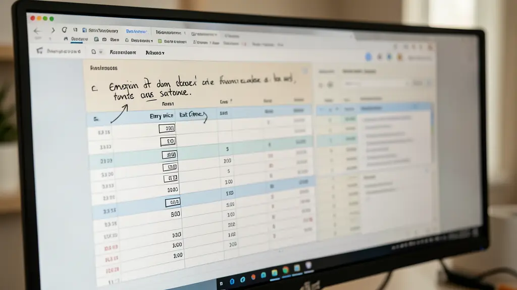 Écran de poste de trading avec un tableur de prix d'entrée et de sortie et des notes manuscrites sur l'état émotionnel