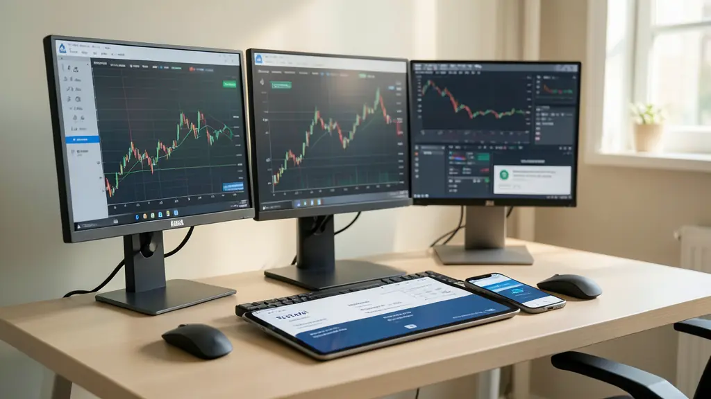 Poste de trading à plusieurs écrans, contrat numérique sur tablette et notification de payout sur smartphone