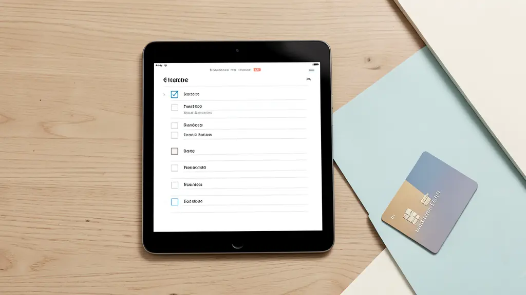 Vue du dessus d'un bureau en bois avec une tablette affichant une checklist et une carte bancaire à côté