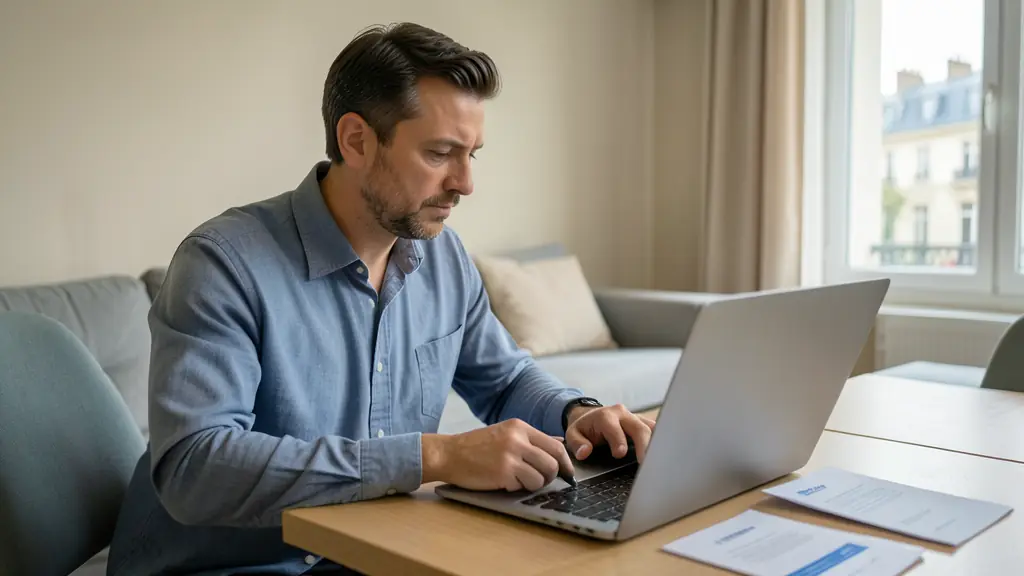 Trader examinant le contrat d'une société étrangère sur portable, pièces d'identité près du clavier, appartement parisien