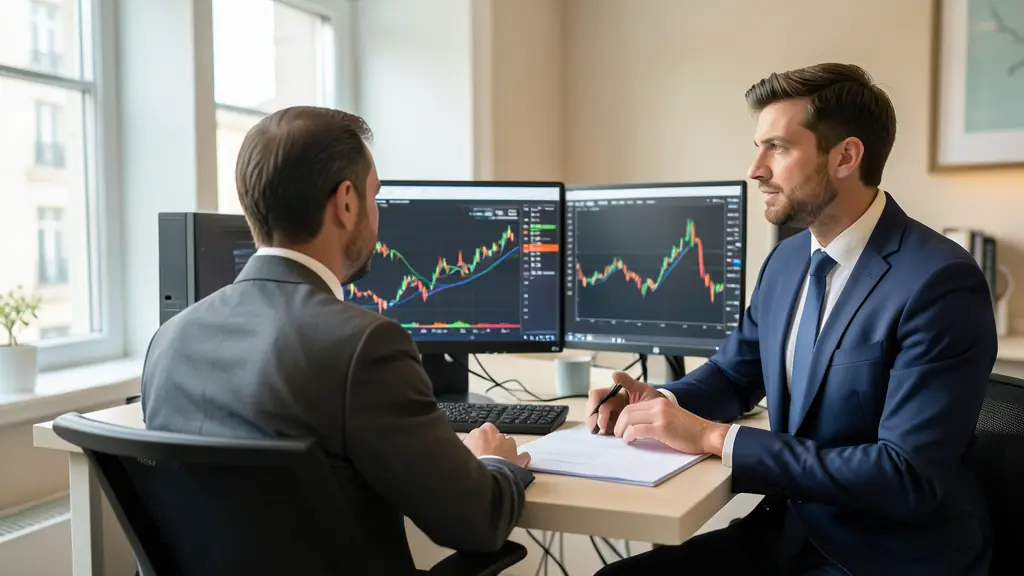 Bureau de trading pour compte propre : un trader face aux graphiques en direct et un risk manager qui l'observe