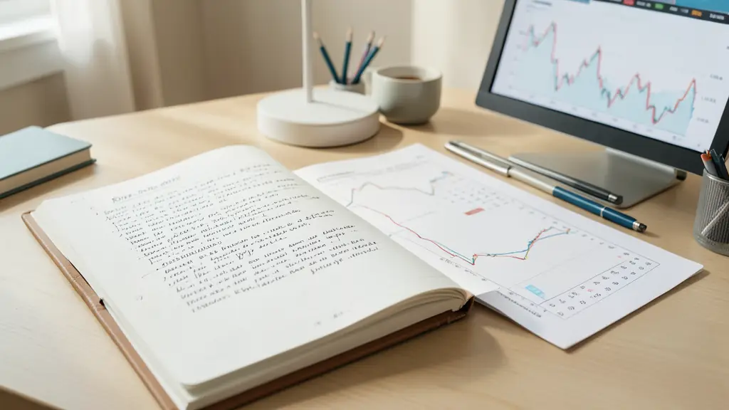 Bureau de trader à domicile avec un journal de trading manuscrit ouvert, des graphiques et un calendrier économique