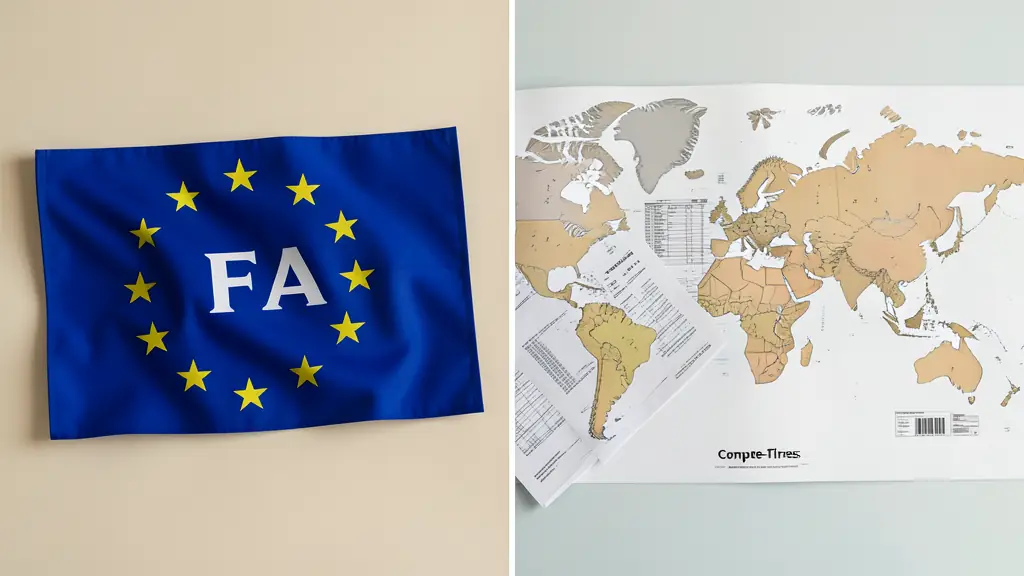 Écran partagé : drapeau de l'Union européenne pour le PEA et carte du monde pour le compte-titres, documents fiscaux