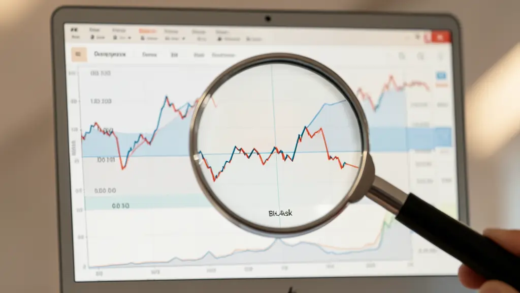 Gros plan d'un écran de trading montrant un écart bid-ask, avec une loupe sur la différence de prix