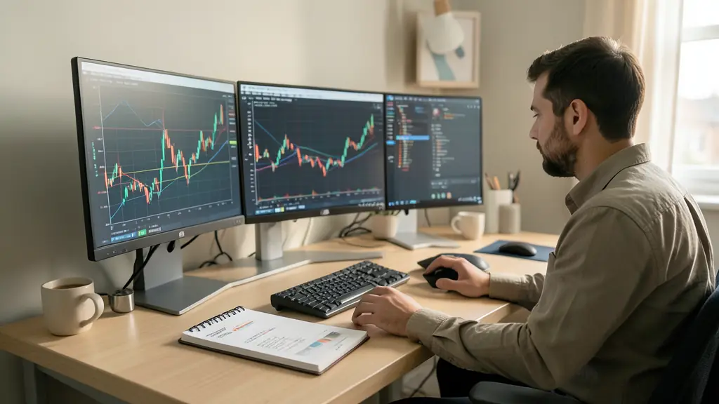 Poste de trading professionnel avec plusieurs écrans affichant des graphiques de futures et un carnet de gestion des risques