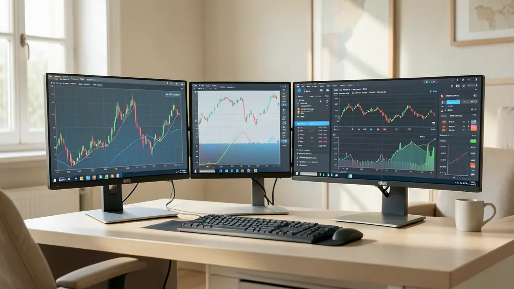 Poste de trading professionnel avec plusieurs écrans affichant des graphiques de futures et un tableau de gestion des risques