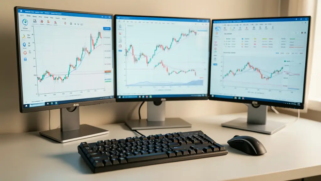Station de trading haute technologie avec graphiques de contrats futures et interface DOM sur plusieurs écrans