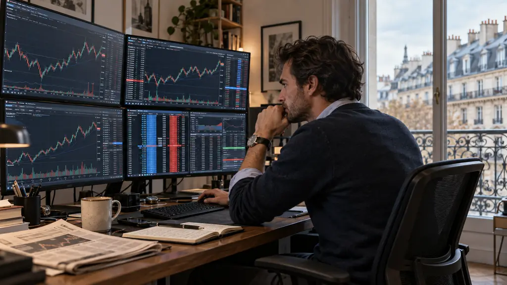 Trader de futures sur une plateforme de bureau, échelle de profondeur du marché et graphiques de plusieurs indices