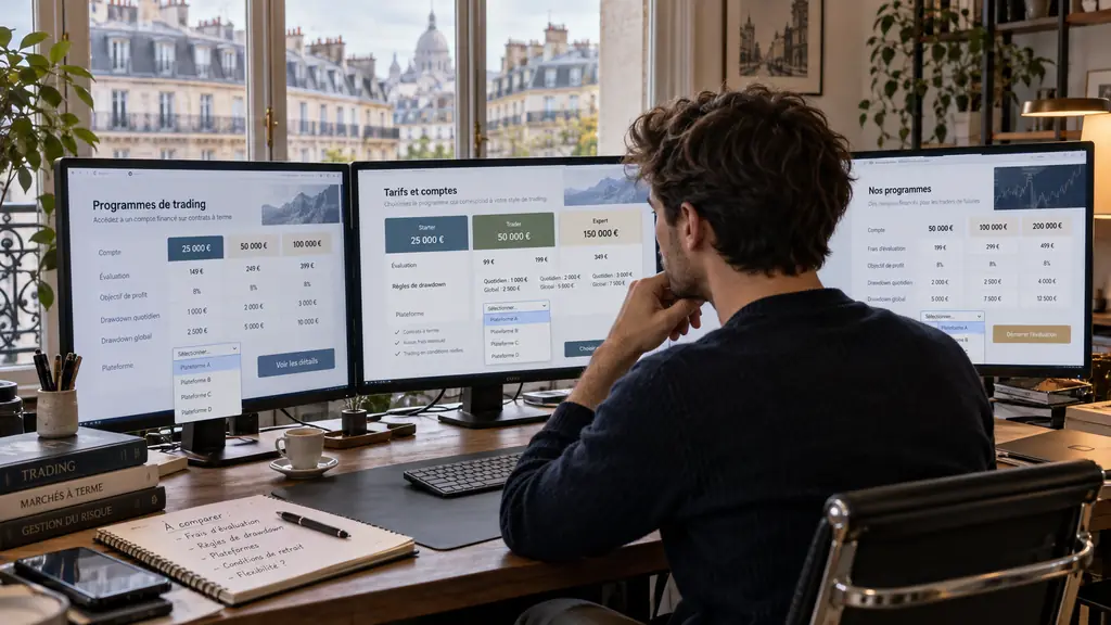 Trader comparant trois programmes de financement en futures sur ses écrans, pages de prix et menu de plateformes